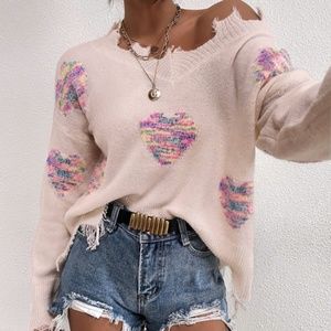 Boho Hearts Pink Oversized Distressed Knit Sweater